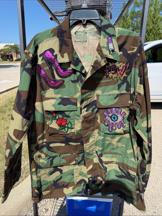 Jackets & Blazers - Camo Patchwork Utility Jacket with Pink Sequin Accents